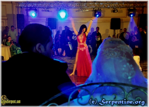 Leila dances at the Henkesh wedding. Author Yasmin is visible on left in green dress.