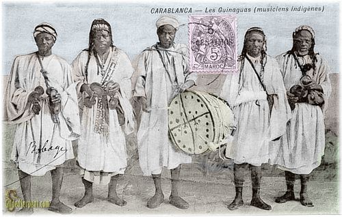 Colonial postcard shwoing gnawa musicians