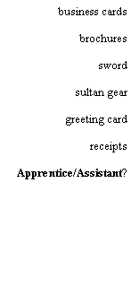 Text Box: business cardsbrochuresswordsultan geargreeting cardreceiptsApprentice/Assistant?